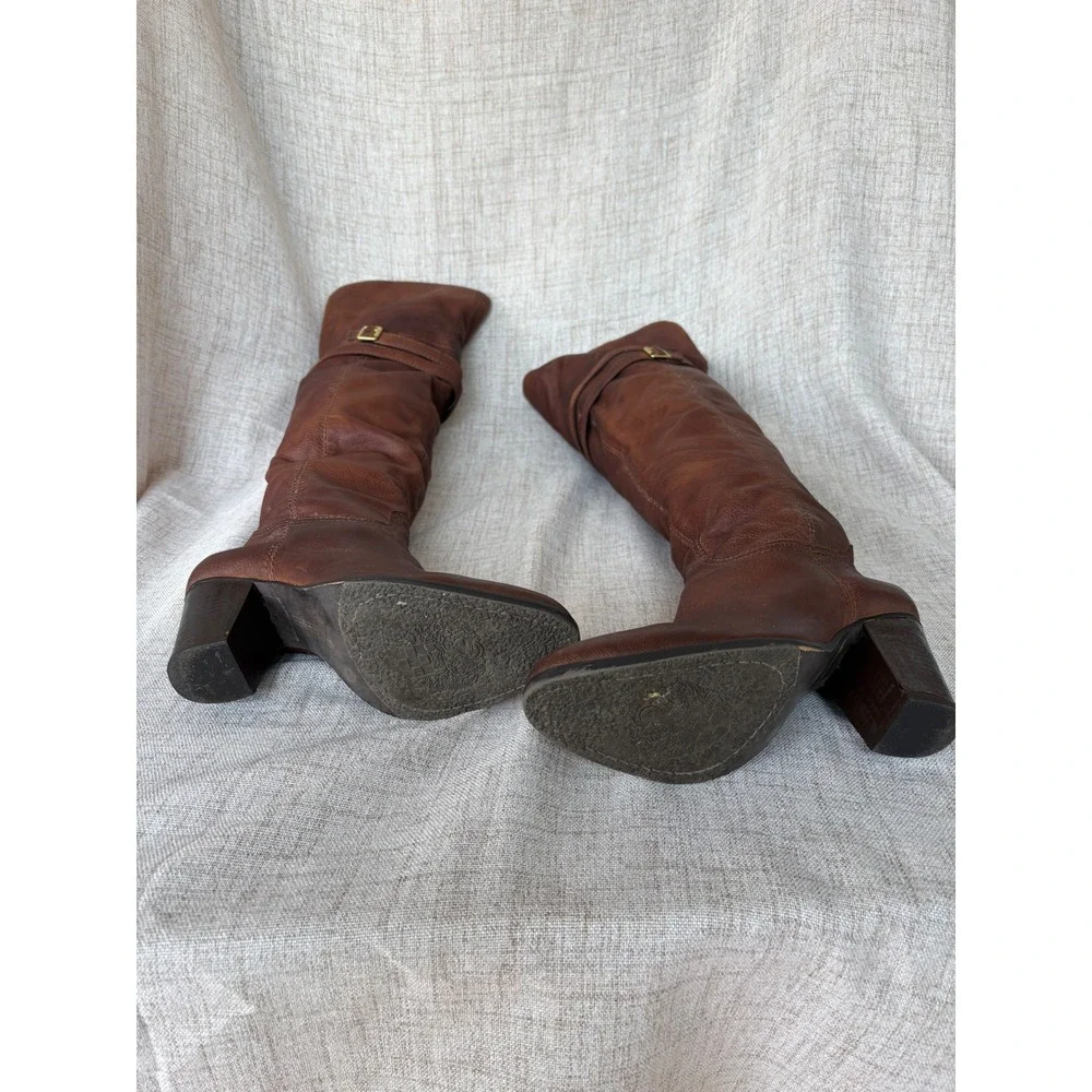 Vince Camuto Tall Boots Womens 8 Brown Excellent Leather Buckle Block Heel